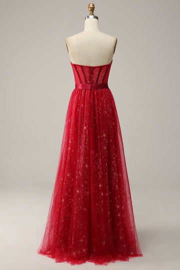Red Strapless Tulle Corset Wedding Guest Dress